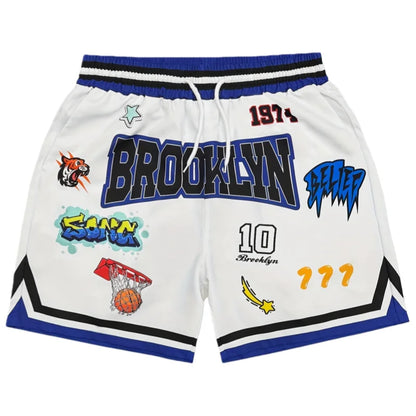 Brooklyn  Basketball  Shorts, Graffiti Patches Retro Beige Casual Streetwear Athletic Bottoms Men's casual quick-drying shorts