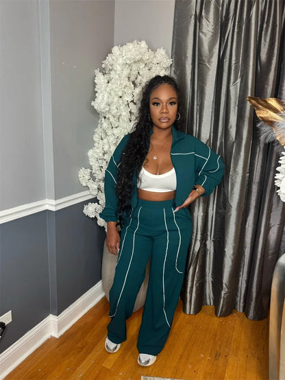 Doyerl Striped Casual Tracksuit Woman Two Piece Set Sports Workout Zipper Long Sleeve Jacket Coat and Sweatpants Matching Sets