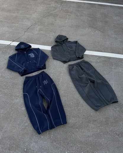 American Y2K Casual Zipper Hoodie Sweatpant Two Piece Set HipHop Oversized Embroidery Sweatshirts Men Women Casual Pants