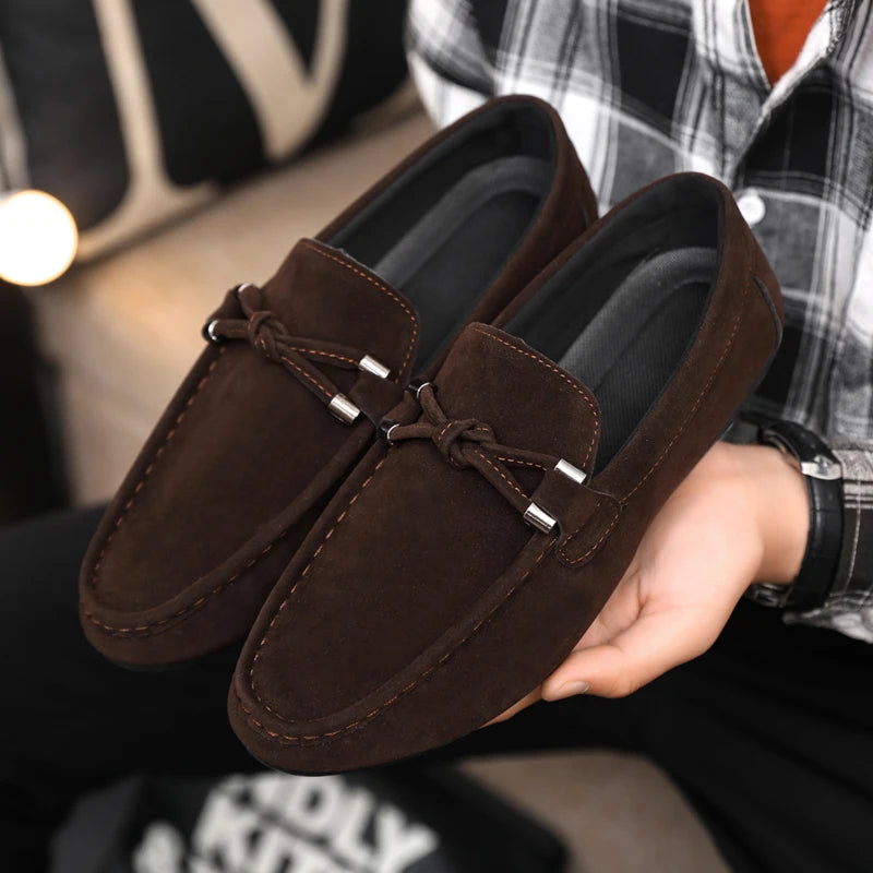 2026 Summer Casual Fashion Driving Loafers Suede Leather Minimalist Slip-Ons Comfortable Trendy Work Shoes Black & Khaki Two-Ton