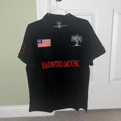 Haunted Mound Polo Shirt America Retro Street Hip Hop Short Sleeve Shirt Y2k Men Casual Embroidery Cotton Top Baseball Clothing