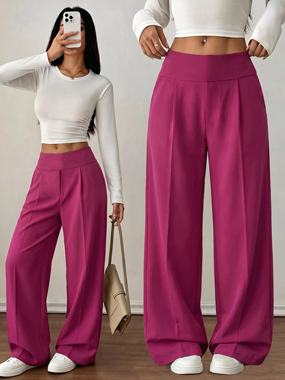 Women Loose Wide Leg Pants Straight Leg Minimalist Casual Rose Red Suit Commuter Long Pants Side Stripe Design Slimming Cargo Pa