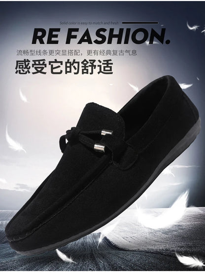 2026 Summer Casual Fashion Driving Loafers Suede Leather Minimalist Slip-Ons Comfortable Trendy Work Shoes Black & Khaki Two-Ton