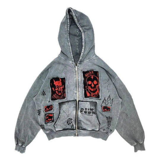 European and American street Y2K devil print fashion trend Harajuku heavyweight men's and women's loose hooded hoodie Y2K EMO