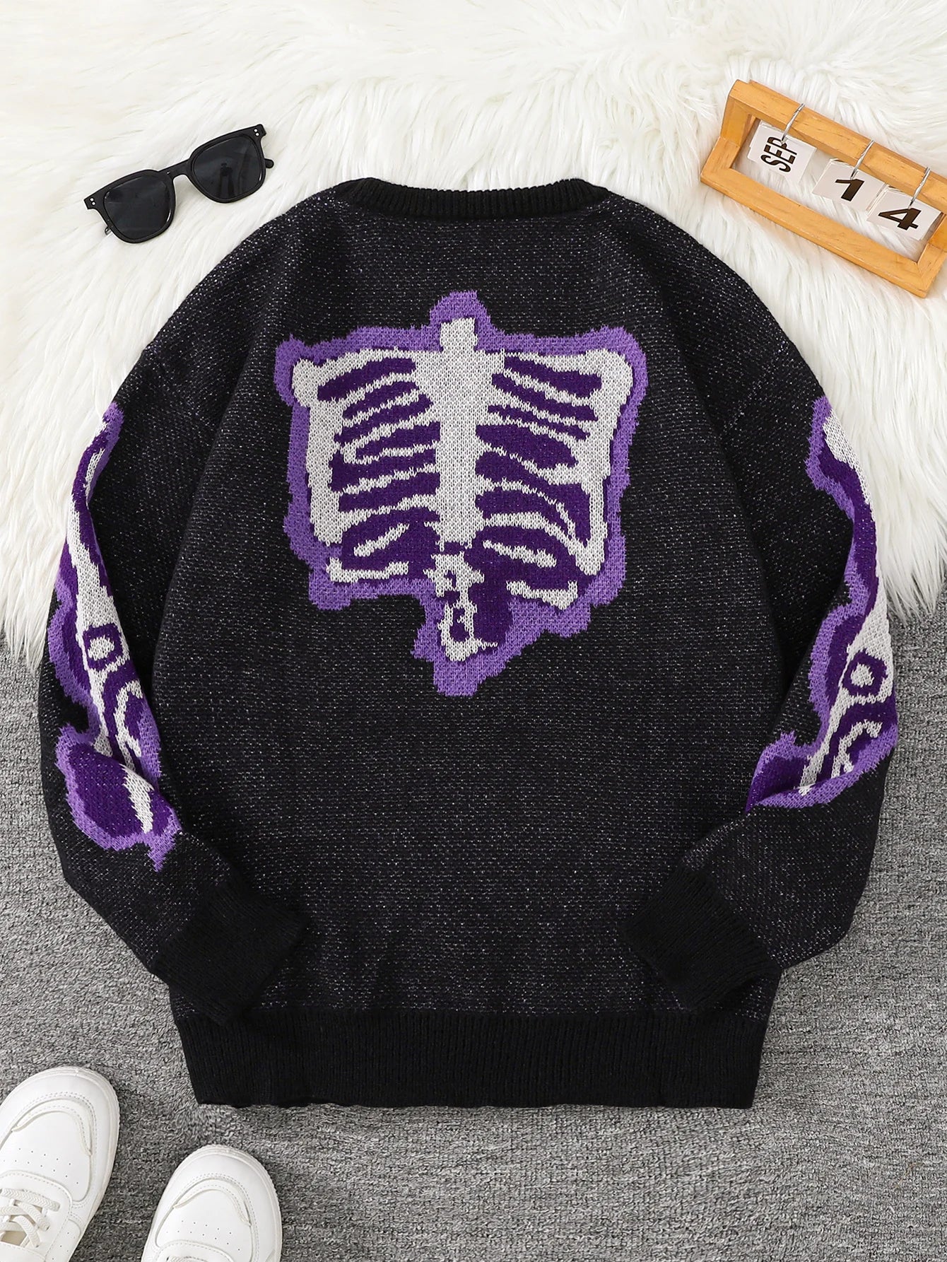 New Popular Spring and Autumn Bone-Shaped Butterfly Jacquard Pattern Pullover Sweater Casual Round Neck Contrast Color Knitted m