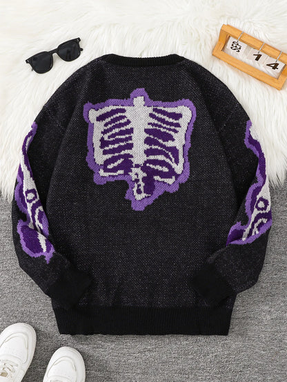 New Popular Spring and Autumn Bone-Shaped Butterfly Jacquard Pattern Pullover Sweater Casual Round Neck Contrast Color Knitted m