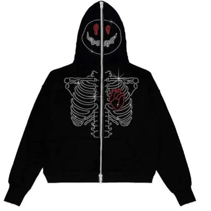 Skeleton Pattern Rhinestone Zipper Hoodies Men Women Hip Hop Street Hoodie Retro Punk Gothic Autumn Oversize Sweatshirt Jacket