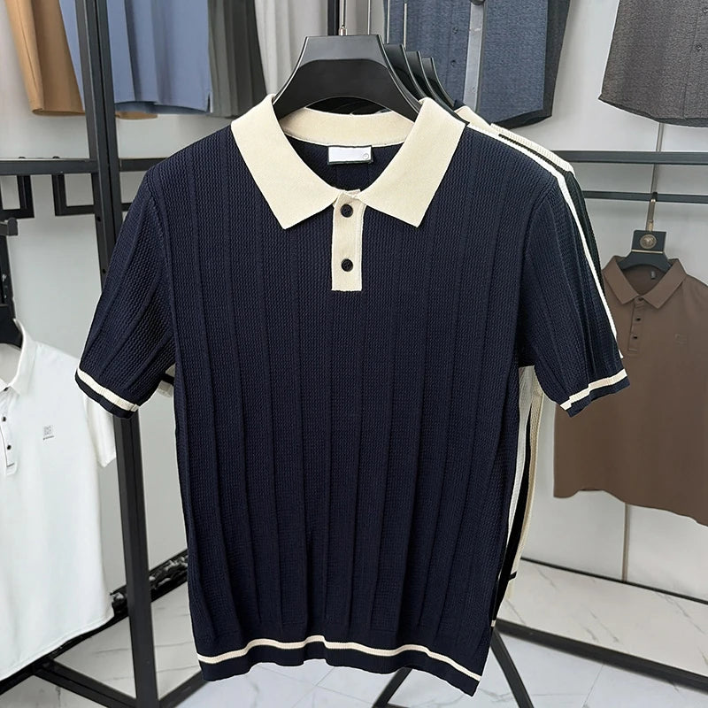 Summer Lightweight Men's Polo Shirt, Middle-aged Jacquard Color-block Breathable Wrinkle-free Casual Knitted Top