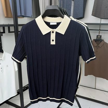 Summer Lightweight Men's Polo Shirt, Middle-aged Jacquard Color-block Breathable Wrinkle-free Casual Knitted Top