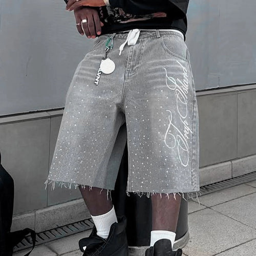 Men's Rhinestone Embroidered Denim Shorts