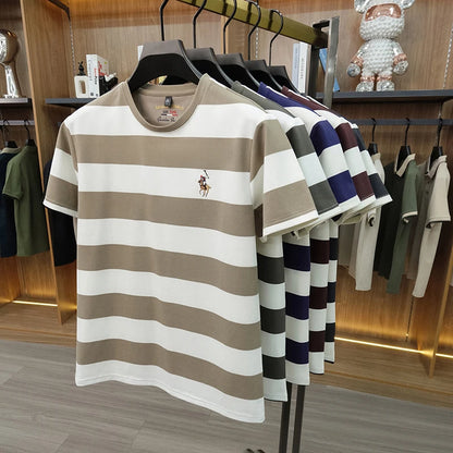 Striped Round Neck Short Sleeved T-shirt for Men's Summer Casual Loose Breathable Top Embroidered Men's Base T-shirt