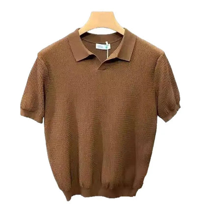 Ice Silk Slim Fit Short Sleeve V-Neck Polo Shirt Men's Knitted Summer New Style Breathable Machine Washable Casual T-Shirt