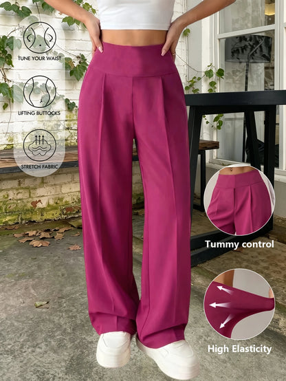 Women Loose Wide Leg Pants Straight Leg Minimalist Casual Rose Red Suit Commuter Long Pants Side Stripe Design Slimming Cargo Pa