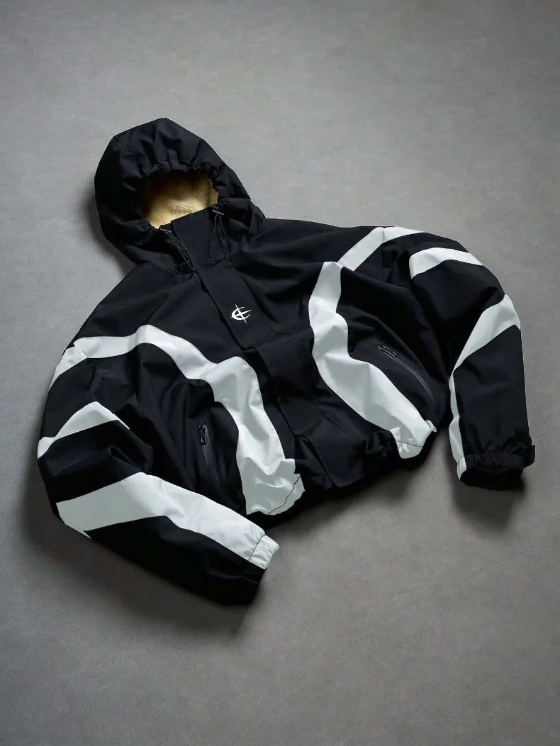 American Style Winter Short Jackets Men Fleece Lined Warm Hooded Coat Man Hip Hop Streetwear Loose Fit Outdoor Windbreaker