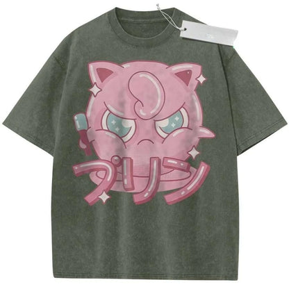 T Shirt Sports T Shirt Short Sleeve T Shirt Rose Red Unisex Pure Cotton Washed Vintage Pokemon Jigglypuff Anime Print