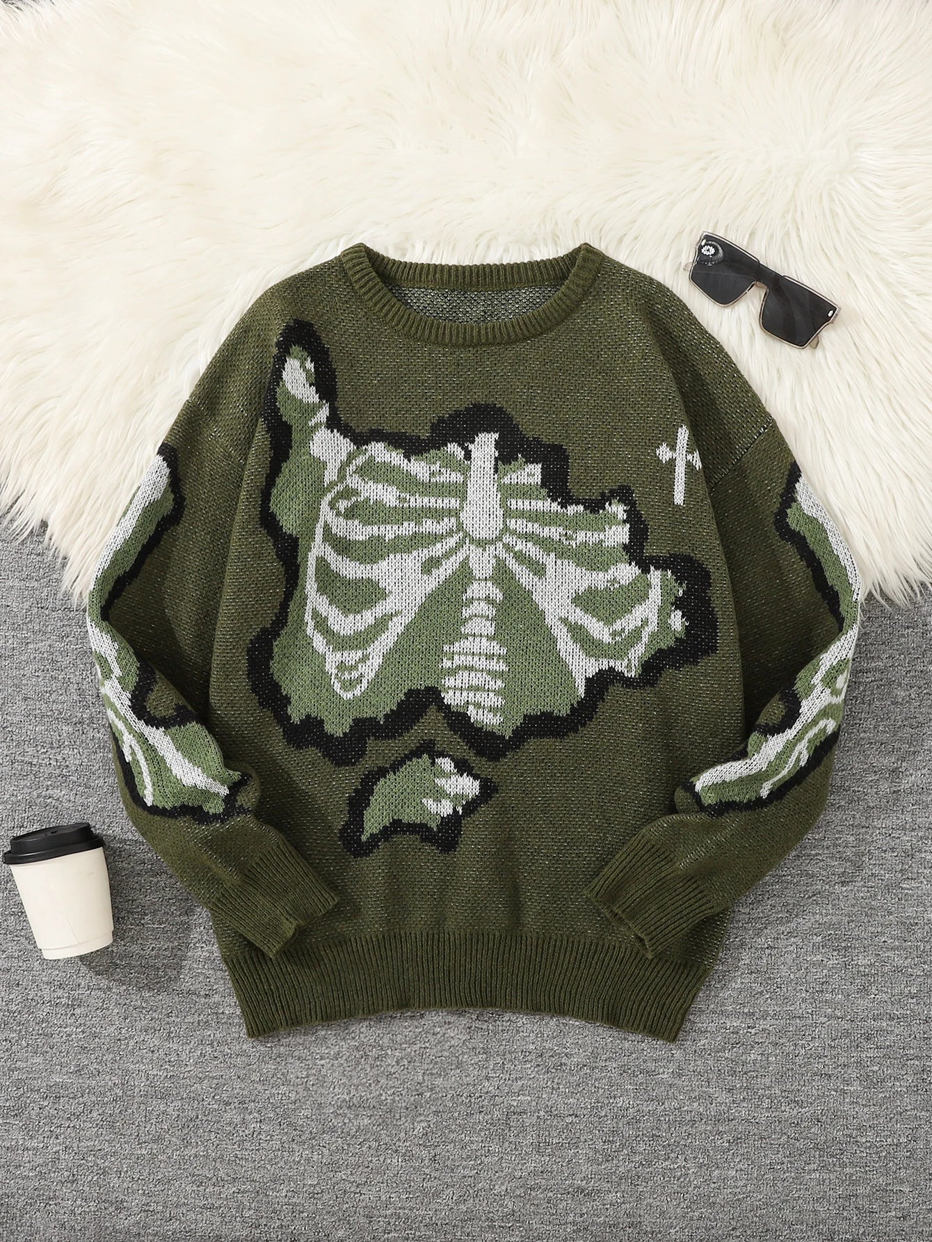 New Popular Spring and Autumn Bone-Shaped Butterfly Jacquard Pattern Pullover Sweater Casual Round Neck Contrast Color Knitted m