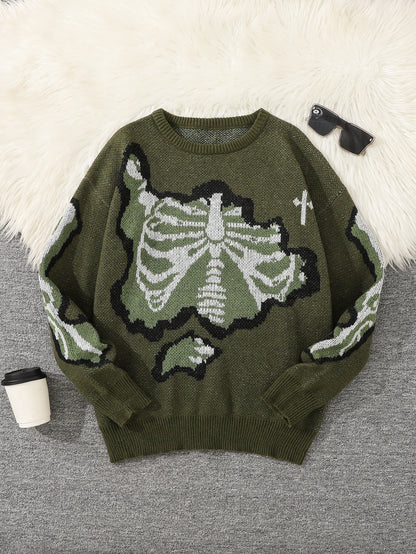 New Popular Spring and Autumn Bone-Shaped Butterfly Jacquard Pattern Pullover Sweater Casual Round Neck Contrast Color Knitted m
