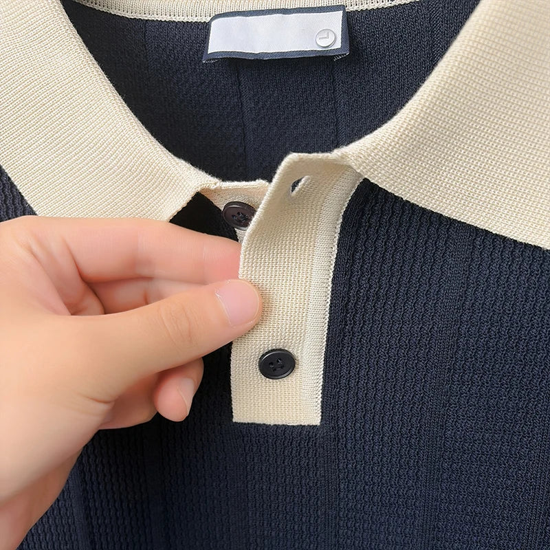 Summer Lightweight Men's Polo Shirt, Middle-aged Jacquard Color-block Breathable Wrinkle-free Casual Knitted Top