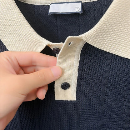 Summer Lightweight Men's Polo Shirt, Middle-aged Jacquard Color-block Breathable Wrinkle-free Casual Knitted Top