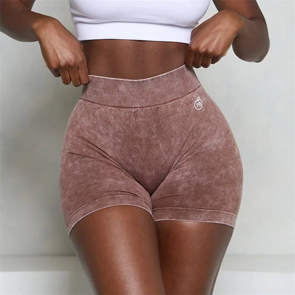 Women Bum Acid Wash Low V-BACK Scrunch Butt Shorts Women Seamless Sports Shorts Women V-shaped Hip Gym Cycling Elastic Tights