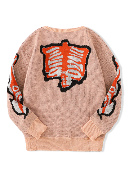 New Popular Spring and Autumn Bone-Shaped Butterfly Jacquard Pattern Pullover Sweater Casual Round Neck Contrast Color Knitted m