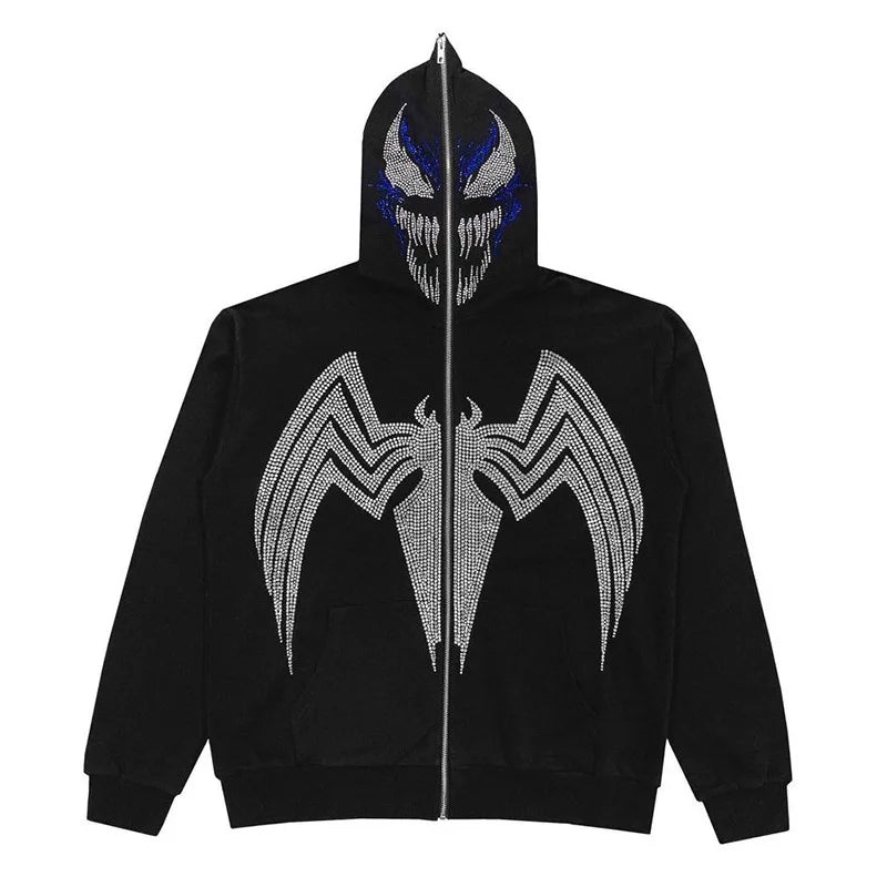 Skeleton Pattern Rhinestone Zipper Hoodies Men Women Hip Hop Street Hoodie Retro Punk Gothic Autumn Oversize Sweatshirt Jacket