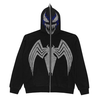 Skeleton Pattern Rhinestone Zipper Hoodies Men Women Hip Hop Street Hoodie Retro Punk Gothic Autumn Oversize Sweatshirt Jacket