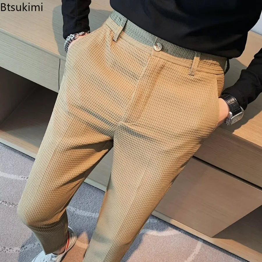 2026 High-grade Men's Solid Suit Pants Spring Summer Korean Style Pocket Straight Nine Split Pants Male Business Casual Trousers