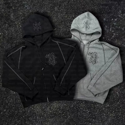 American Y2K Casual Zipper Hoodie Sweatpant Two Piece Set HipHop Oversized Embroidery Sweatshirts Men Women Casual Pants