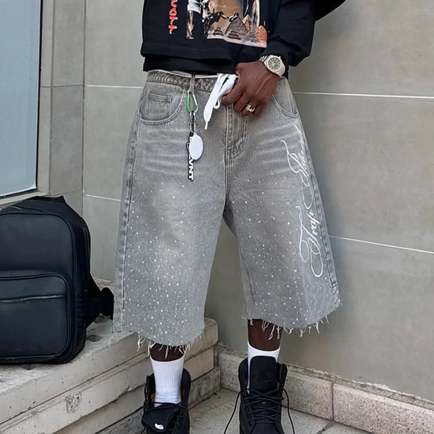 Men's Rhinestone Embroidered Denim Shorts