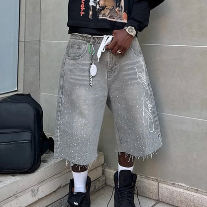 Men's Rhinestone Embroidered Denim Shorts