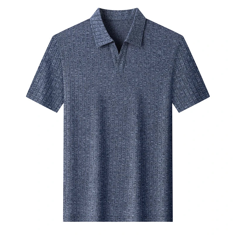 Men's Breathable Knitted Polo Tee Short Sleeve V Neck Striped Fabric Lightweight Casual Business Daily Wear