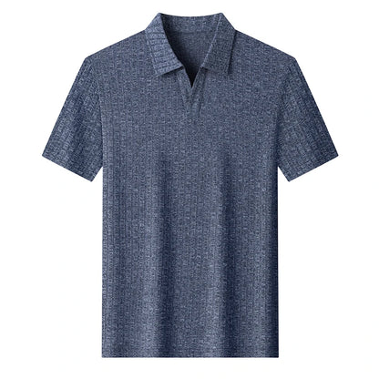 Men's Breathable Knitted Polo Tee Short Sleeve V Neck Striped Fabric Lightweight Casual Business Daily Wear