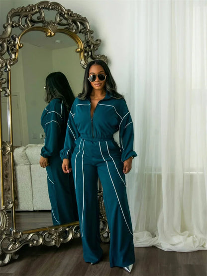 Doyerl Striped Casual Tracksuit Woman Two Piece Set Sports Workout Zipper Long Sleeve Jacket Coat and Sweatpants Matching Sets