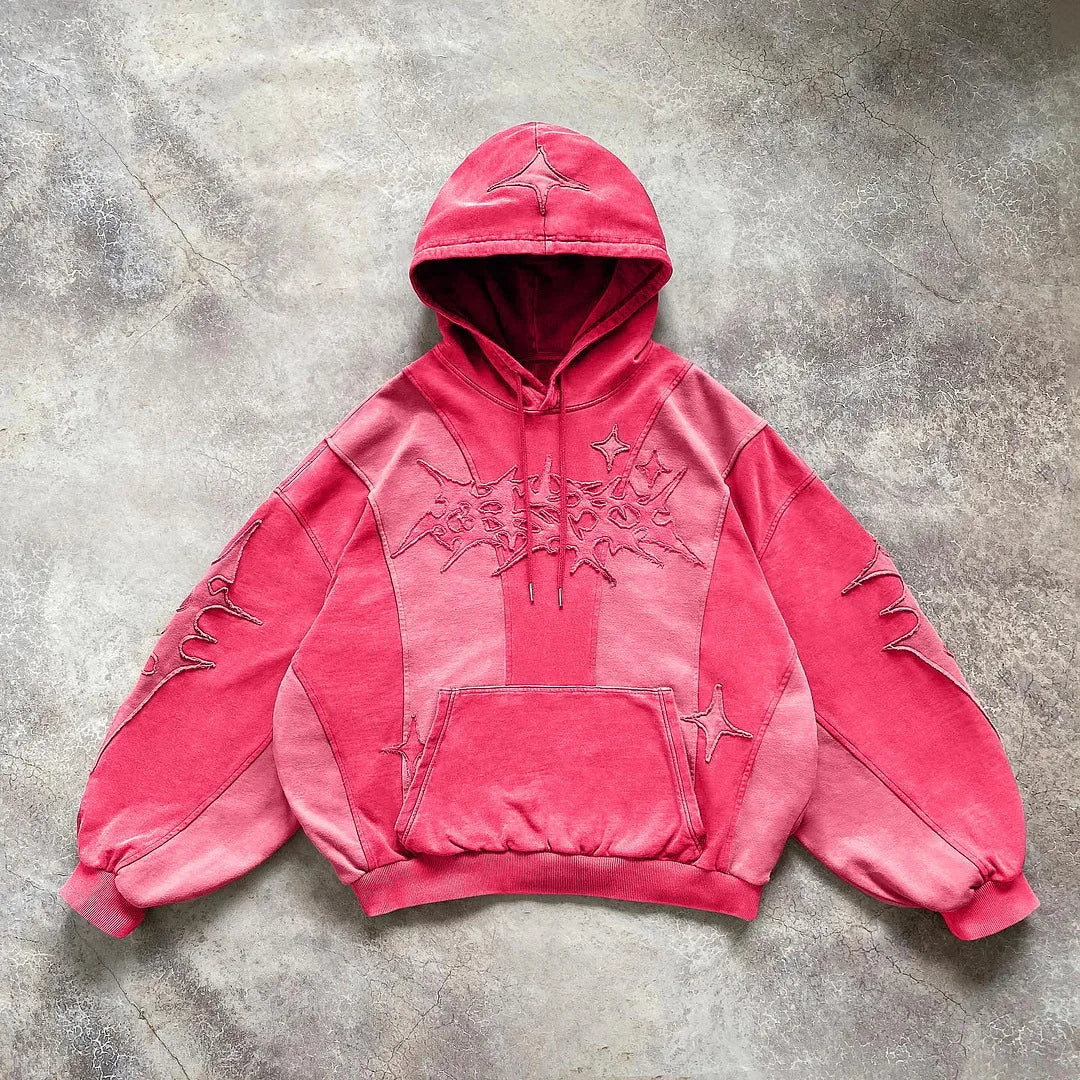 American Harajuku Fashion Color Matching Creative Pattern Patchwork Pullover 2000s Street Rock Vitality Long Sleeve Loose Hoodie