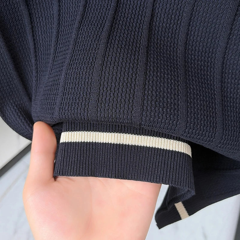 Summer Lightweight Men's Polo Shirt, Middle-aged Jacquard Color-block Breathable Wrinkle-free Casual Knitted Top