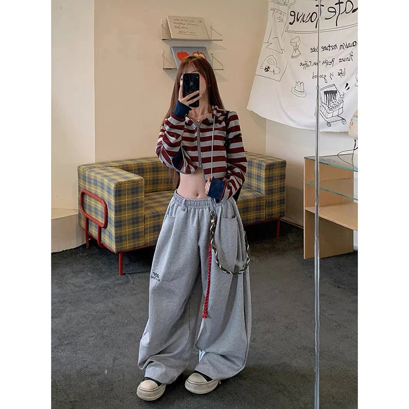 YIBASHU American Retro Gray Sports Pants Women's Autumn Winter High Street Loose Jazz Dance Wide Leg Pants Casual Pants Trend