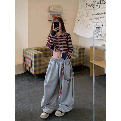 YIBASHU American Retro Gray Sports Pants Women's Autumn Winter High Street Loose Jazz Dance Wide Leg Pants Casual Pants Trend