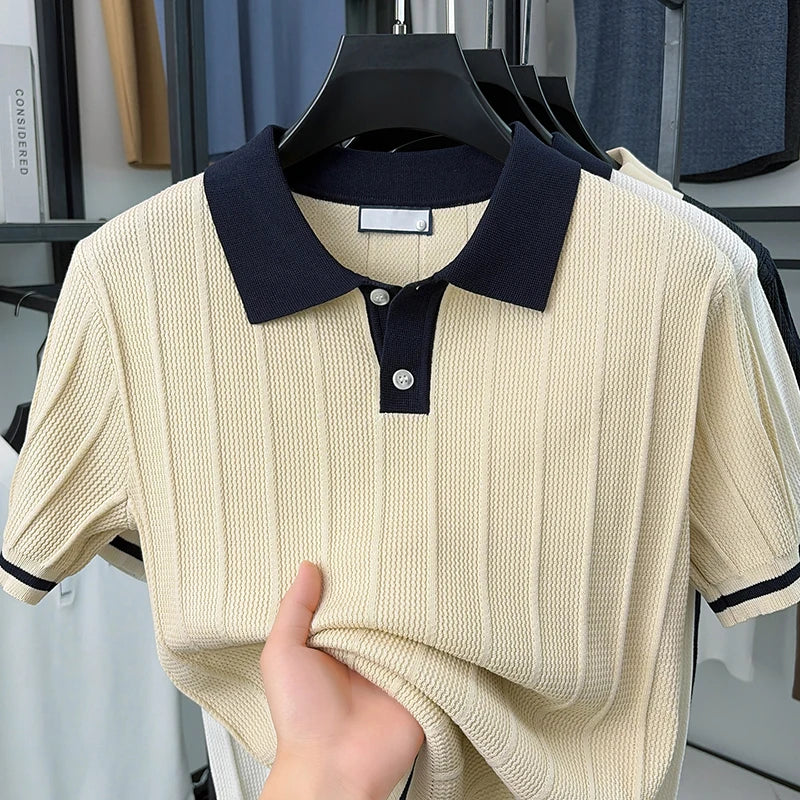 Summer Lightweight Men's Polo Shirt, Middle-aged Jacquard Color-block Breathable Wrinkle-free Casual Knitted Top