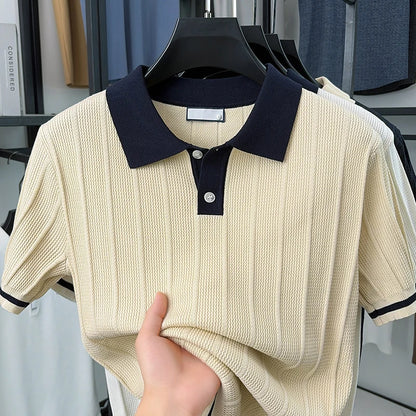 Summer Lightweight Men's Polo Shirt, Middle-aged Jacquard Color-block Breathable Wrinkle-free Casual Knitted Top