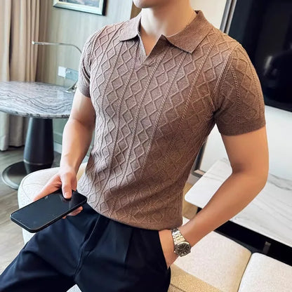 Polo Style Sweaters for Men Summer New Slim Fit Short Sleeve Business Casual T-shirts Male Solid Turn Down Collar Knitwear Tops