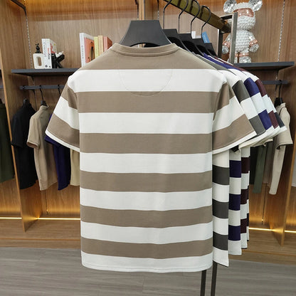 Striped Round Neck Short Sleeved T-shirt for Men's Summer Casual Loose Breathable Top Embroidered Men's Base T-shirt