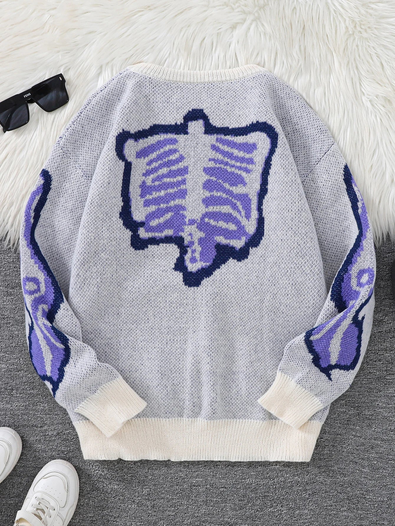 New Popular Spring and Autumn Bone-Shaped Butterfly Jacquard Pattern Pullover Sweater Casual Round Neck Contrast Color Knitted m