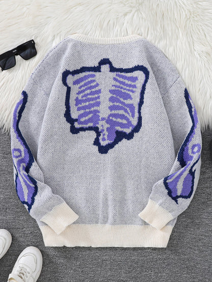 New Popular Spring and Autumn Bone-Shaped Butterfly Jacquard Pattern Pullover Sweater Casual Round Neck Contrast Color Knitted m