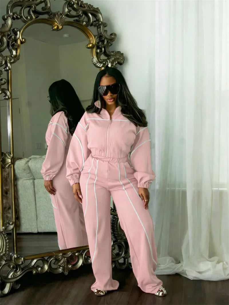 Doyerl Striped Casual Tracksuit Woman Two Piece Set Sports Workout Zipper Long Sleeve Jacket Coat and Sweatpants Matching Sets