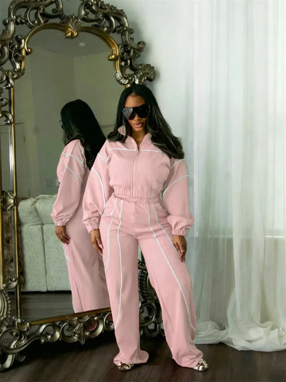 Doyerl Striped Casual Tracksuit Woman Two Piece Set Sports Workout Zipper Long Sleeve Jacket Coat and Sweatpants Matching Sets