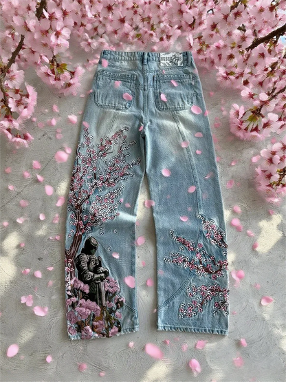 Vintage Cherry Blossom Black Knight Embroidery Jeans Y2k Retro Baggy Straight Denim Pants Blue Wash Jean Men Clothing Streetwear