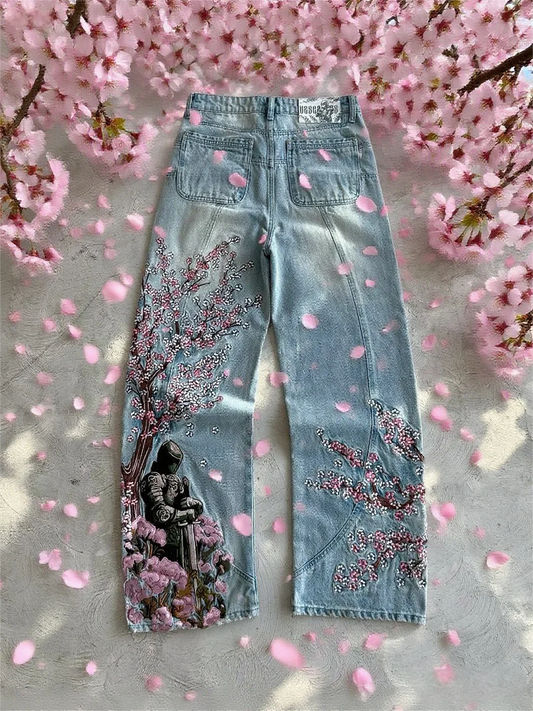 Vintage Cherry Blossom Black Knight Embroidery Jeans Y2k Retro Baggy Straight Denim Pants Blue Wash Jean Men Clothing Streetwear