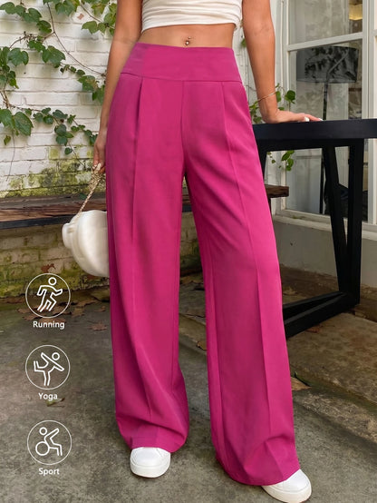 Women Loose Wide Leg Pants Straight Leg Minimalist Casual Rose Red Suit Commuter Long Pants Side Stripe Design Slimming Cargo Pa