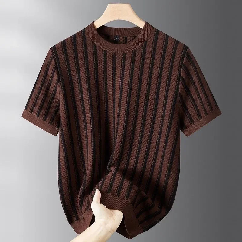 Spring New Round Neck Striped Jacquard Contrasting Short Sleeved Knitted Sweater for Men's Casual Versatile Half Sleeved Sweater